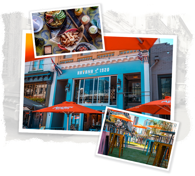 Photo collage showing the exterior of Havana 1920 as well as plated Cuban cuisine